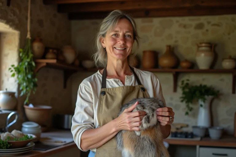 Femme âgée tenant une peau de lapin dans une cuisine rustique française, illustration de l'expression haut les mains peau de lapin