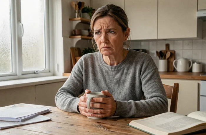 Femme pensive à la table de cuisine le matin, perturbée par un rêve angoissant, tenant une tasse de café