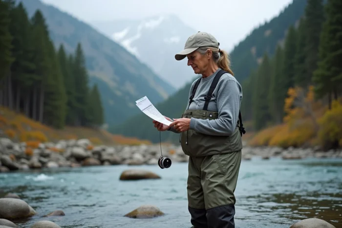 Femme pêcheuse consultant son permis de pêche dans un torrent de montagne