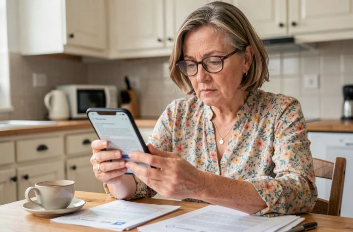 Femme d'âge mûr relisant un email sur smartphone avant de le transférer à un expert de la CAF