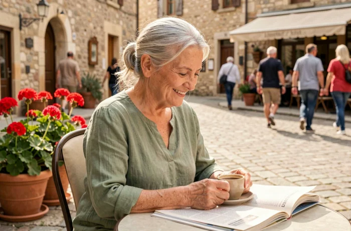 Femme de 65 ans souriante lisant un journal en terrasse de café dans un village français, illustrant une retraite épanouie et active