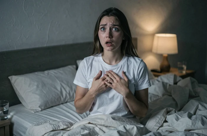 Femme réveillée en sursaut après un cauchemar, assise dans son lit la nuit, expression de peur et de détresse