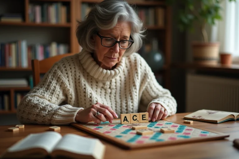 Femme concentrée jouant au Scrabble avec les lettres ACE posées sur le plateau, dictionnaire ouvert à côté