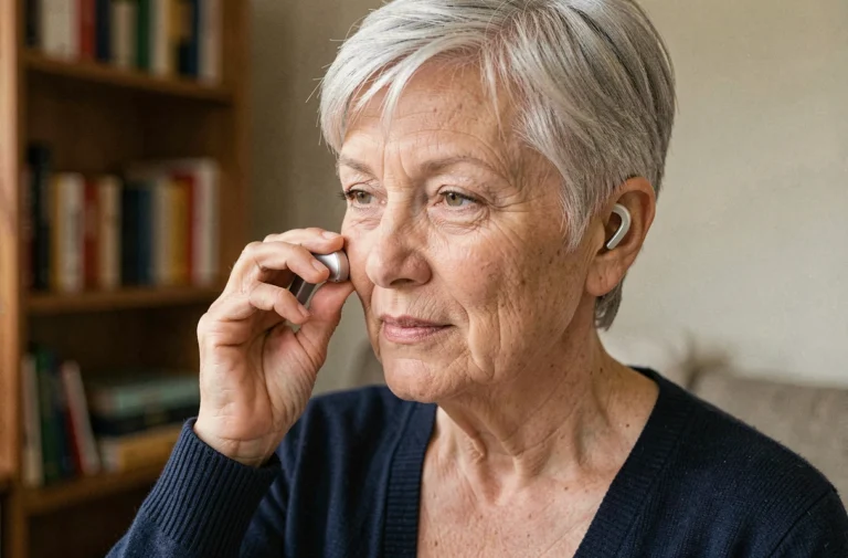 Femme senior tenant un appareil auditif contour d'oreille dans son salon, illustrant l'importance d'assurer ses aides auditives