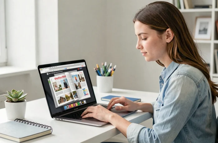 Jeune femme lisant un magazine numérique en format feuilletable sur FlipHTML5 depuis son ordinateur portable