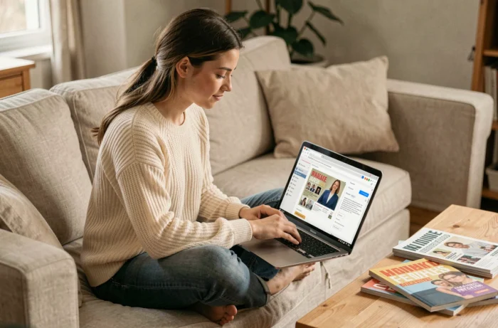 Jeune femme s'inscrivant sur Free-eBooks.net pour télécharger des magazines gratuits en PDF sur son ordinateur portable