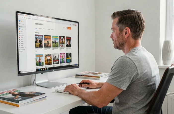 Homme téléchargeant un magazine PDF populaire depuis un site de bibliothèque numérique sur son ordinateur