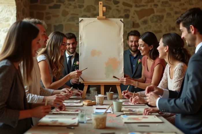 Invités d'un mariage peignant ensemble une grande fresque collaborative sur une toile en tissu recyclé lors d'une réception à Lyon