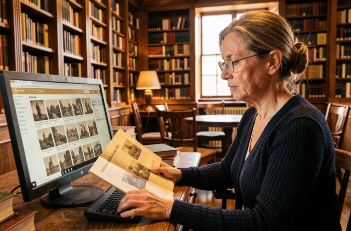 Femme consultant des magazines anciens numérisés sur l'interface de la bibliothèque numérique Gallica de la BnF