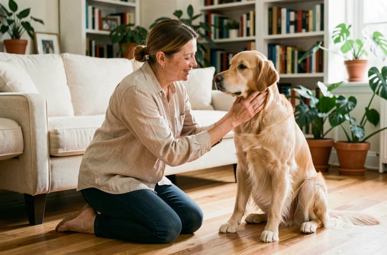 Femme gardant un golden retriever à domicile dans un salon confortable, illustrant le service de garde de chien à la maison