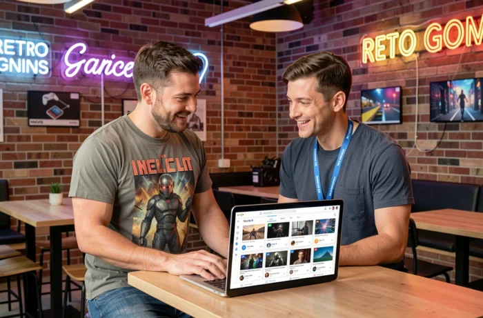 Deux passionnés geeks consultant un agrégateur de réseaux sociaux sur ordinateur portable dans un espace de coworking urbain