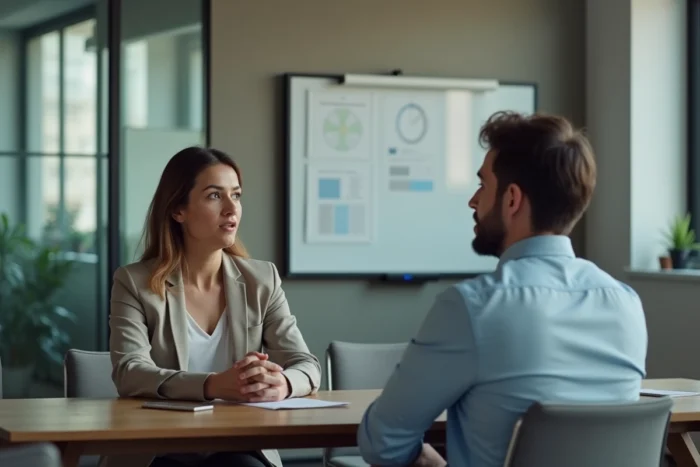 Femme et homme dans une salle de réunion professionnelle, illustrant les dynamiques de genre et les normes sociales en lien avec la santé