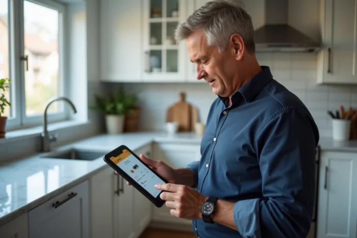 Homme gérant ses commandes Amazon sur une tablette dans une cuisine moderne