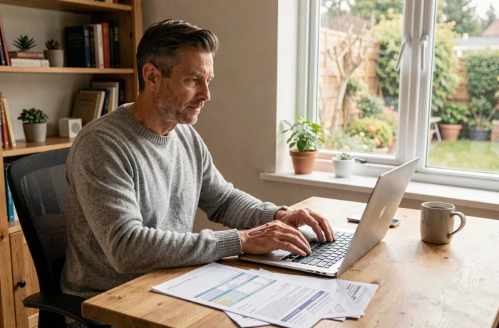 Un hombre gestionando sus finanzas personales en línea desde una oficina en casa con una computadora portátil y extractos bancarios
