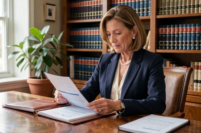 Femme d'affaires expérimentée qui analyse ses documents de gestion de patrimoine dans un bureau à domicile élégant