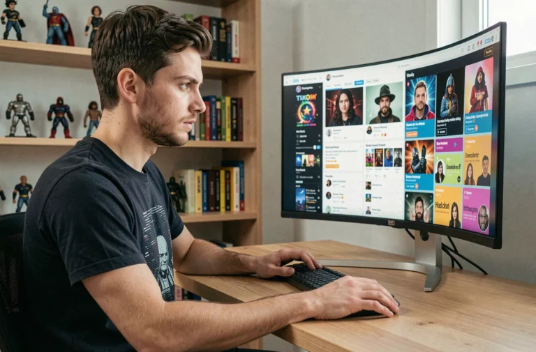 Homme geek gérant ses profils sur les réseaux sociaux depuis son bureau avec des figurines et jeux rétro en arrière-plan