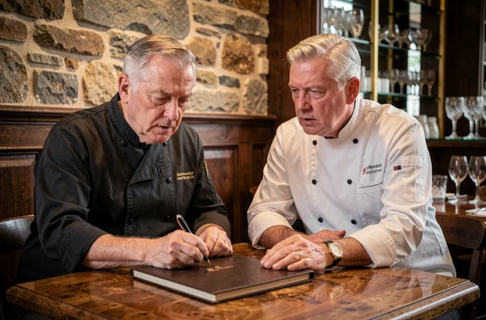 Deux grands chefs cuisiniers discutant d'un menu dans une brasserie gastronomique française haut de gamme