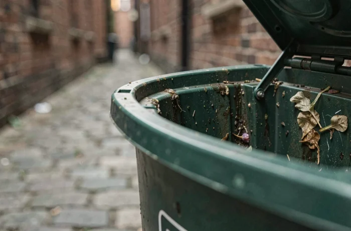 Close-up van de binnenrand van een versleten groene vuilnisbak in een stedelijke steeg, die de gunstige omstandigheden voor de ontwikkeling van maden illustreert