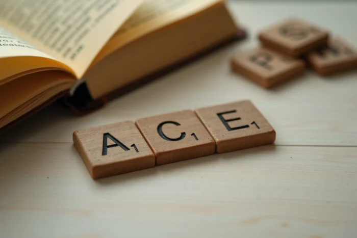 Gros plan sur les tuiles en bois du mot ACE posées sur un plateau de Scrabble officiel avec dictionnaire français ouvert