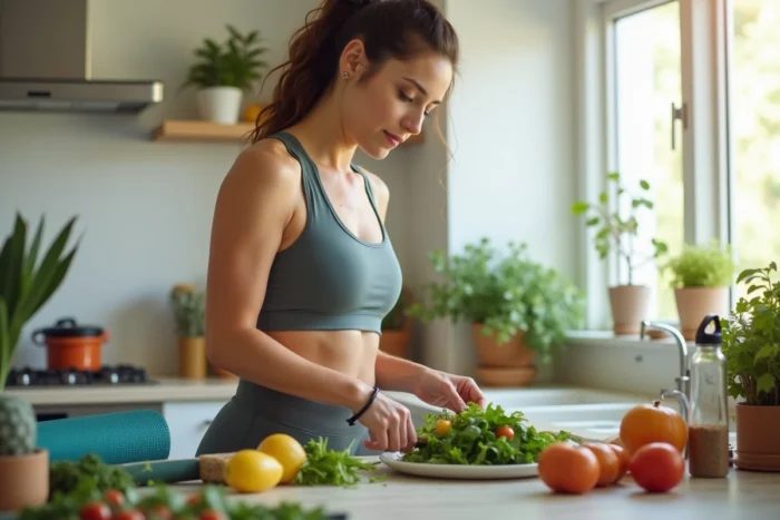 Femme préparant un repas sain dans sa cuisine avec un équipement sportif visible, illustrant les habitudes de vie et comportements individuels