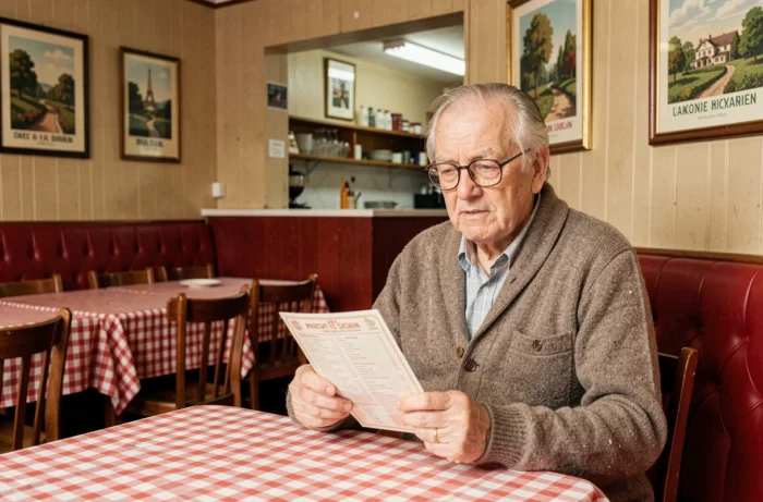 Homme âgé nostalgique attablé seul dans un restaurant de chaîne française lors de son dernier jour d'ouverture