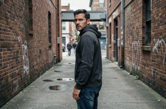 Homme anxieux regardant par-dessus son épaule dans une ruelle urbaine vide, sentiment de menace et de paranoïa