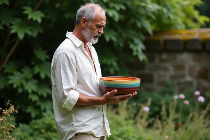 Homme tenant un bol en céramique peint aux sept couleurs des chakras dans un jardin naturel verdoyant