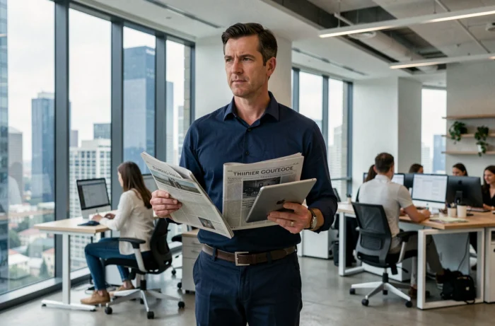 Homme d'affaires consultant journal et tablette dans un bureau moderne avec vue sur la ville