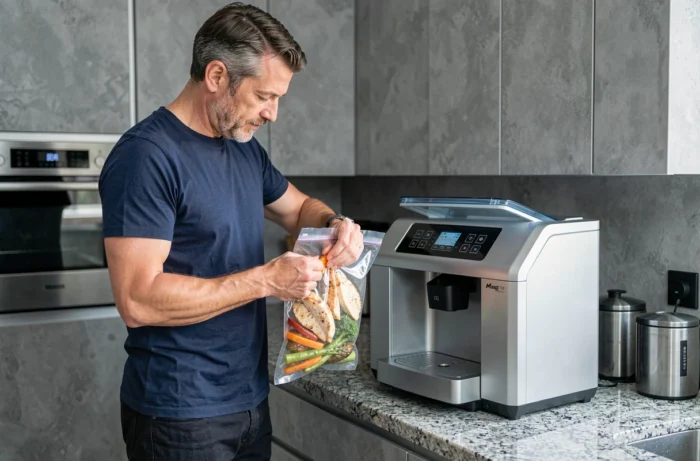 Homme inspectant un sachet sous vide de poulet et légumes rôtis avec la Magic Vac Maxima 2 dans une cuisine moderne aux finitions béton