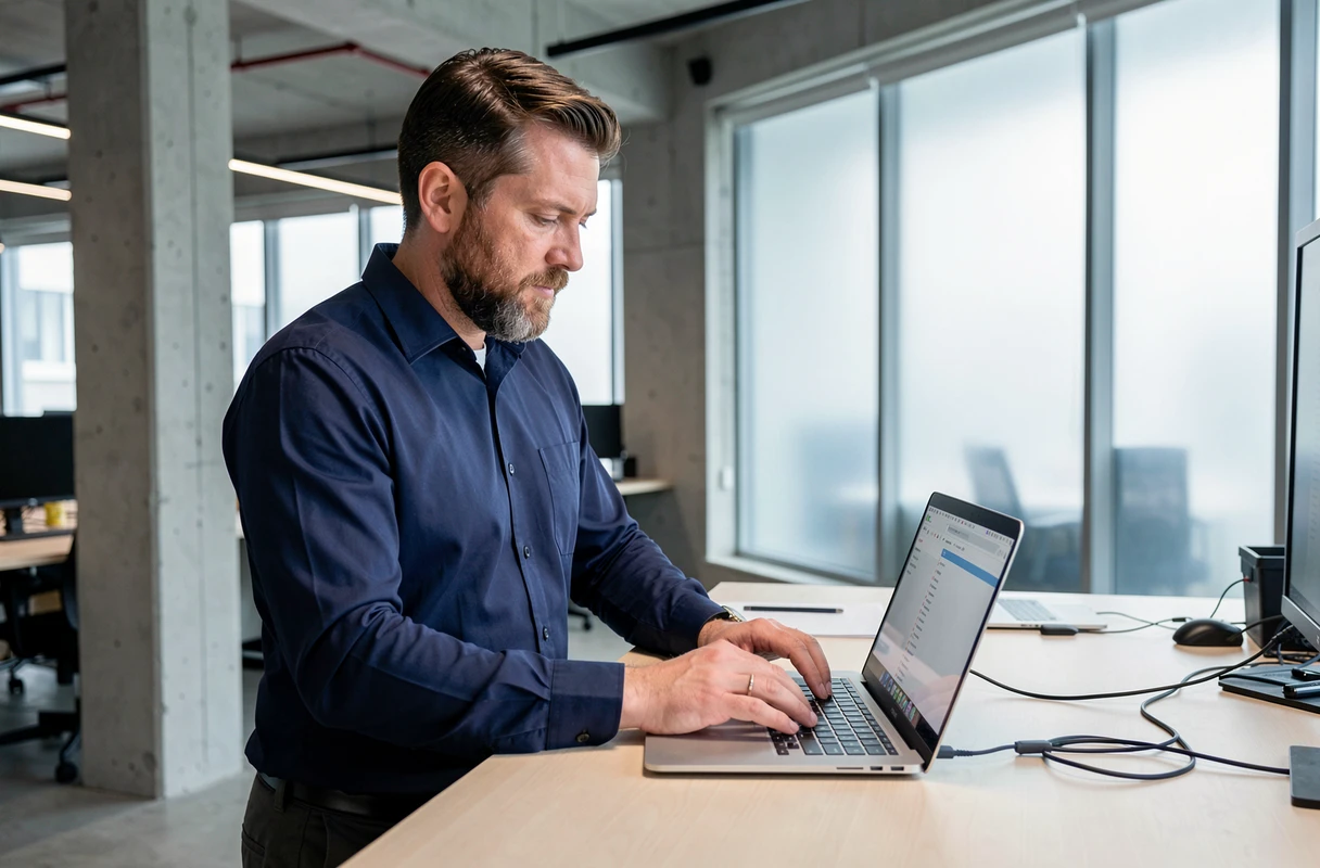 Homme debout consultant la page sitemap d'un site web sur un laptop dans un open space moderne