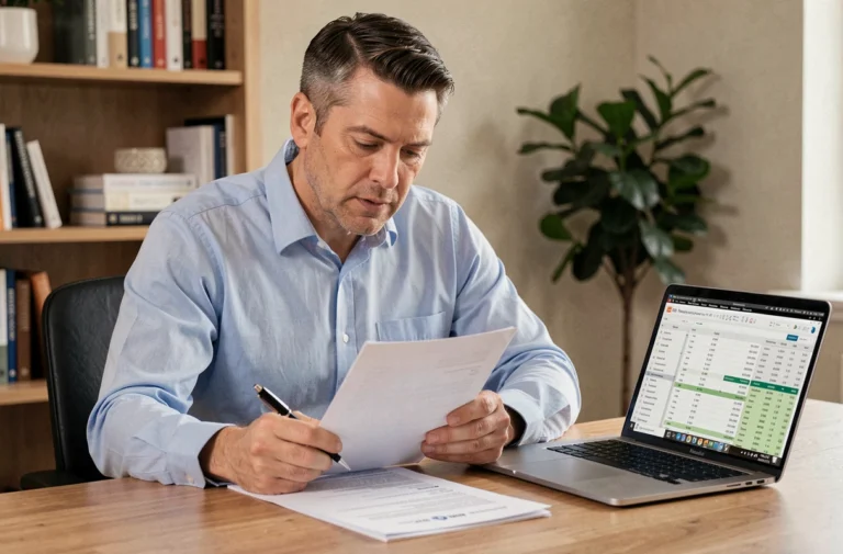 Homme consultant des documents de crédit à son bureau à domicile, comparant des offres de prêt sur papier et ordinateur portable