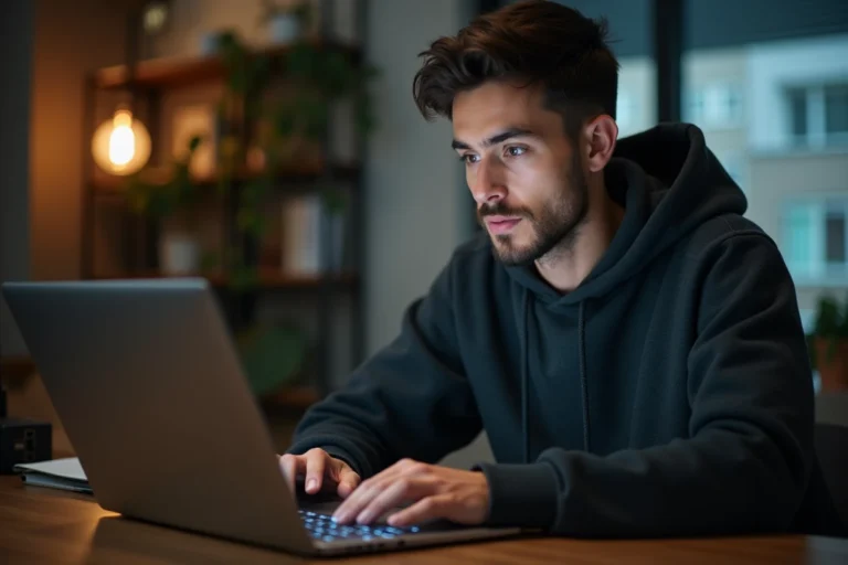 Jeune homme naviguant sur une plateforme de streaming en ligne depuis son bureau à domicile