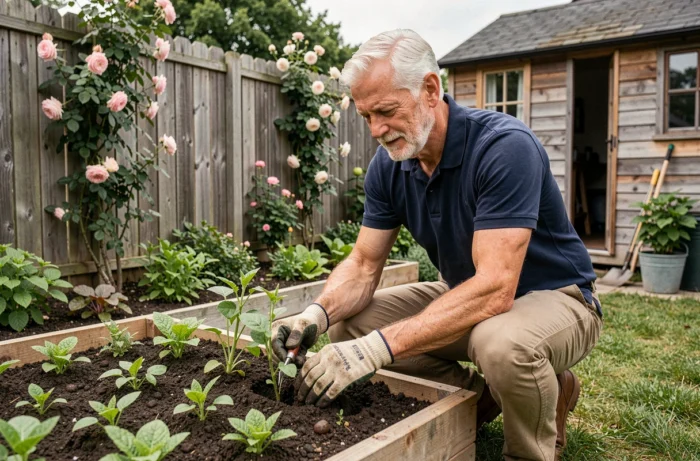 Man van ongeveer zestig jaar die zorgvuldig in zijn moestuin tuiniert, wat een actieve en verkwikkende pensioen symboliseert