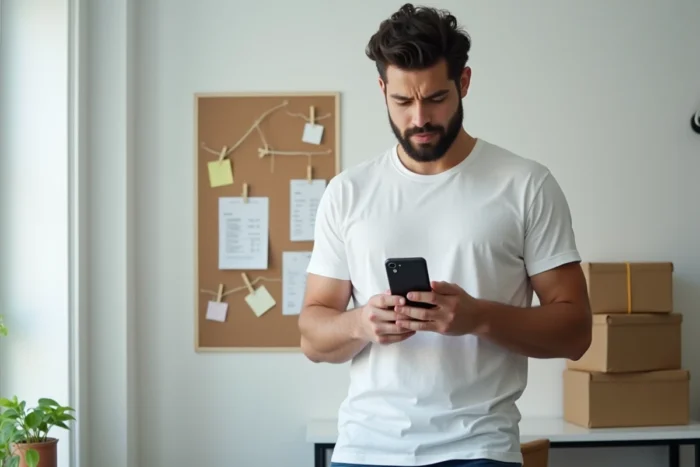 Homme vérifiant le seuil de vente Mangopay sur smartphone dans un bureau à domicile avec des colis Vinted