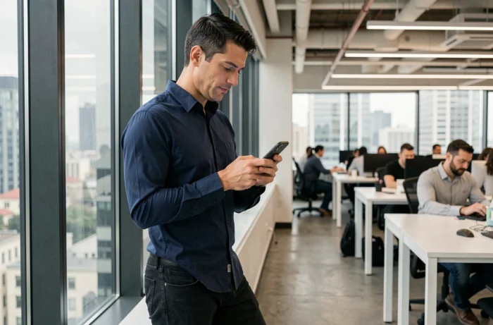 Homme utilisant son smartphone pour se connecter au réseau Free Wifi dans un espace de coworking
