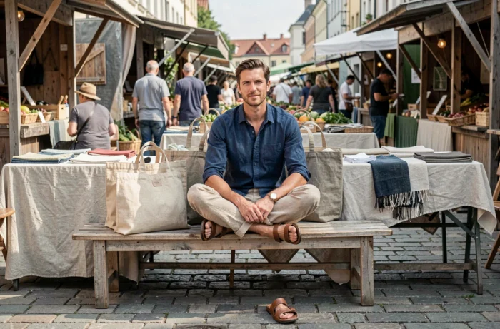 Homme en vêtements naturels en coton et chanvre assis dans un marché extérieur entouré de textiles biologiques et de sacs en fibres naturelles.
