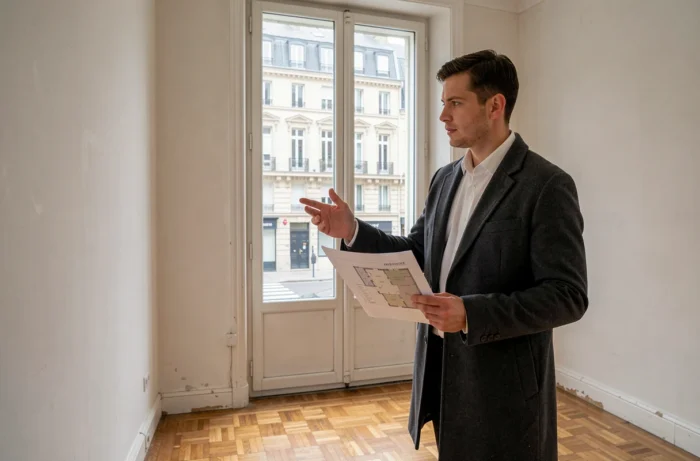 Homme examinant les plans d'un appartement vide lors d'une visite immobilière en ville