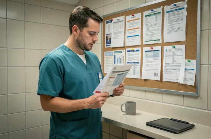 Infirmier en tenue de travail consultant un protocole clinique imprimé dans la salle de pause d'un hôpital
