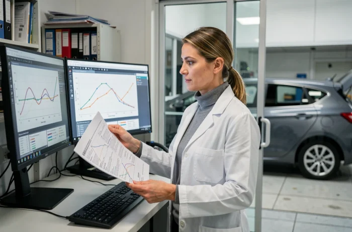 Ingénieure automobile analysant les résultats d'un passage au banc sur ordinateur dans un centre de test de véhicules moderne
