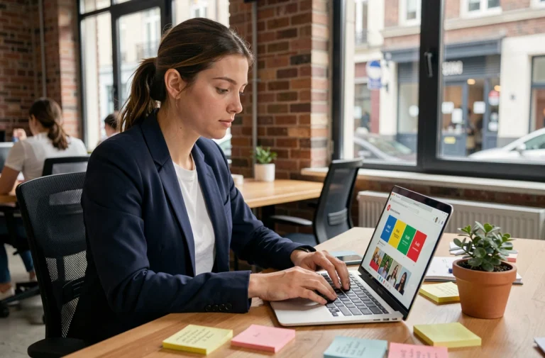 Jeune femme travaillant sur une interface numérique éducative dans un espace de co-working moderne à Rennes