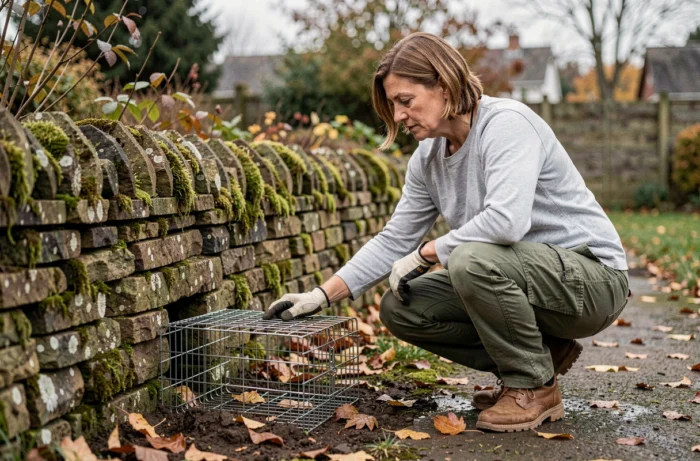 Vrouw plaatst een vangkooi voor steenmarters tegen een stenen muur in een tuin in de herfst