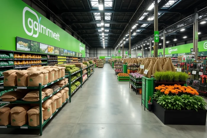 Vue intérieure grand angle d'un magasin Gamm Vert avec des rayons de jardinage bien achalandés reflétant l'identité commerciale de la franchise française