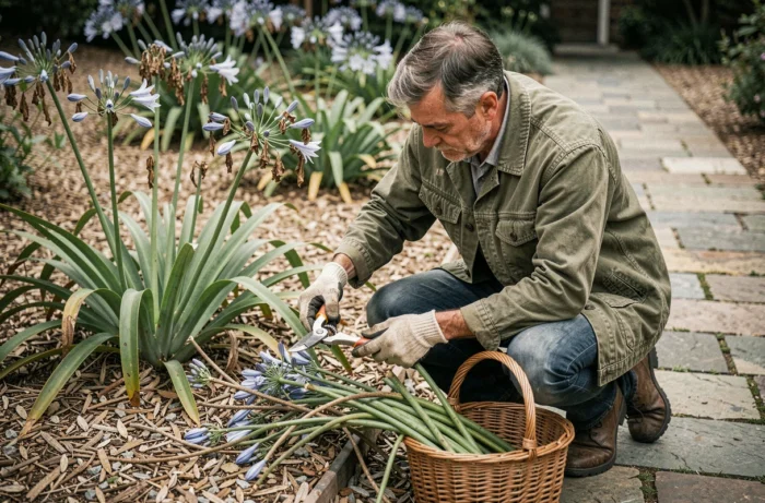 Jardinier en train de couper les tiges d'agapanthe fanées avec un sécateur dans un jardin de fin d'été