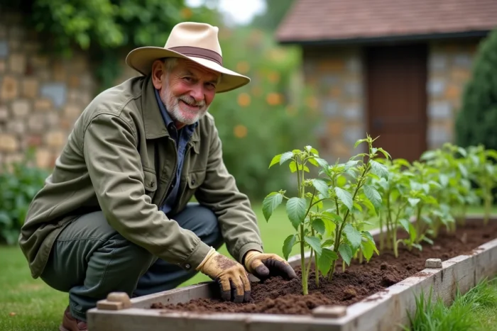 Jardinier âgé plantant des plants de tomates dans un potager à la française entouré d'un jardin verdoyant et d'un mur en pierre