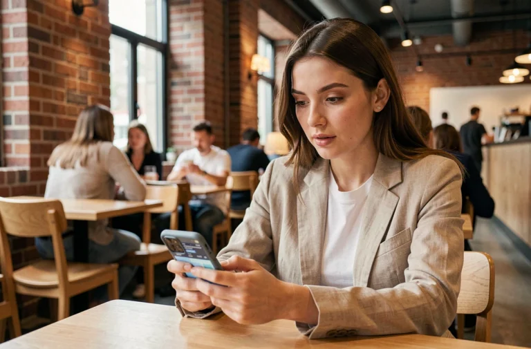 Jeune femme consultant les dernières actualités sur son smartphone dans un café moderne