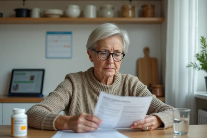 Femme lisant attentivement un document médical à son domicile, illustrant la littératie en santé