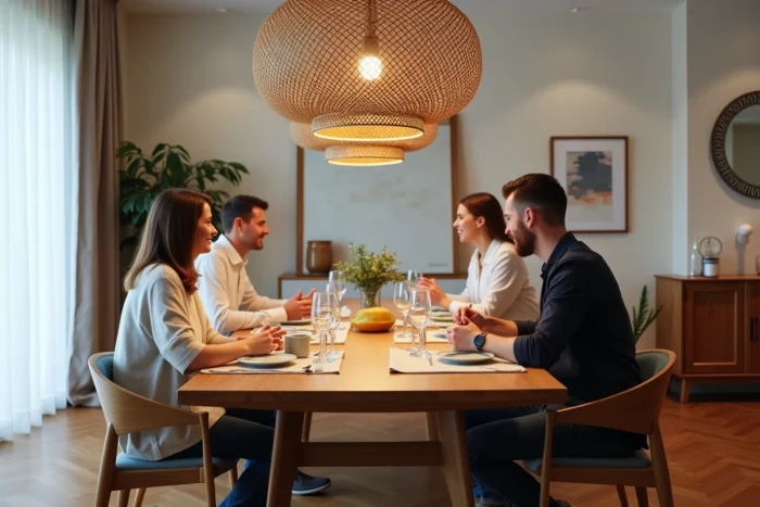 Grand luminaire statement en rotin tressé et laiton brossé suspendu bas au-dessus d'une table à manger en chêne massif dressée