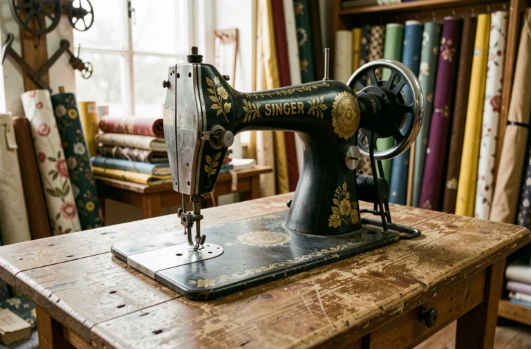 Machine à coudre Singer ancienne avec décors floraux dorés sur fonte noire, posée dans une boutique d'antiquités