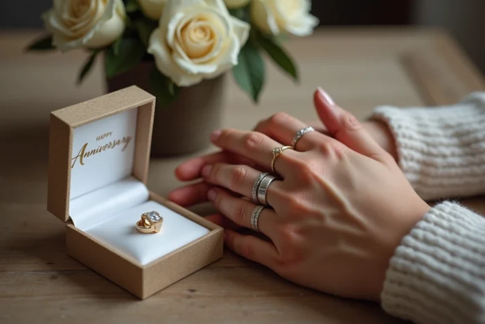 Gros plan de mains avec alliances posées près d'un cadeau et d'une carte manuscrite pour une célébration de noces d'argent