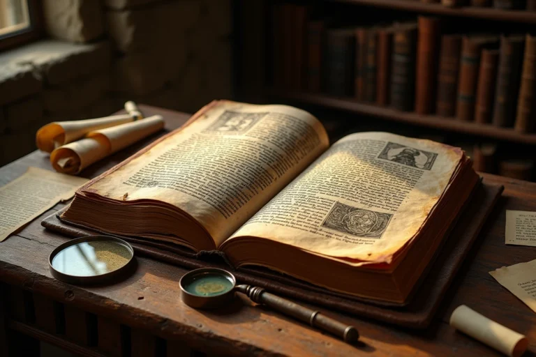 Manuscrit historique médiéval ouvert sur une table en chêne dans une archive ancienne, illustrant la recherche sur les supplices judiciaires de l'histoire